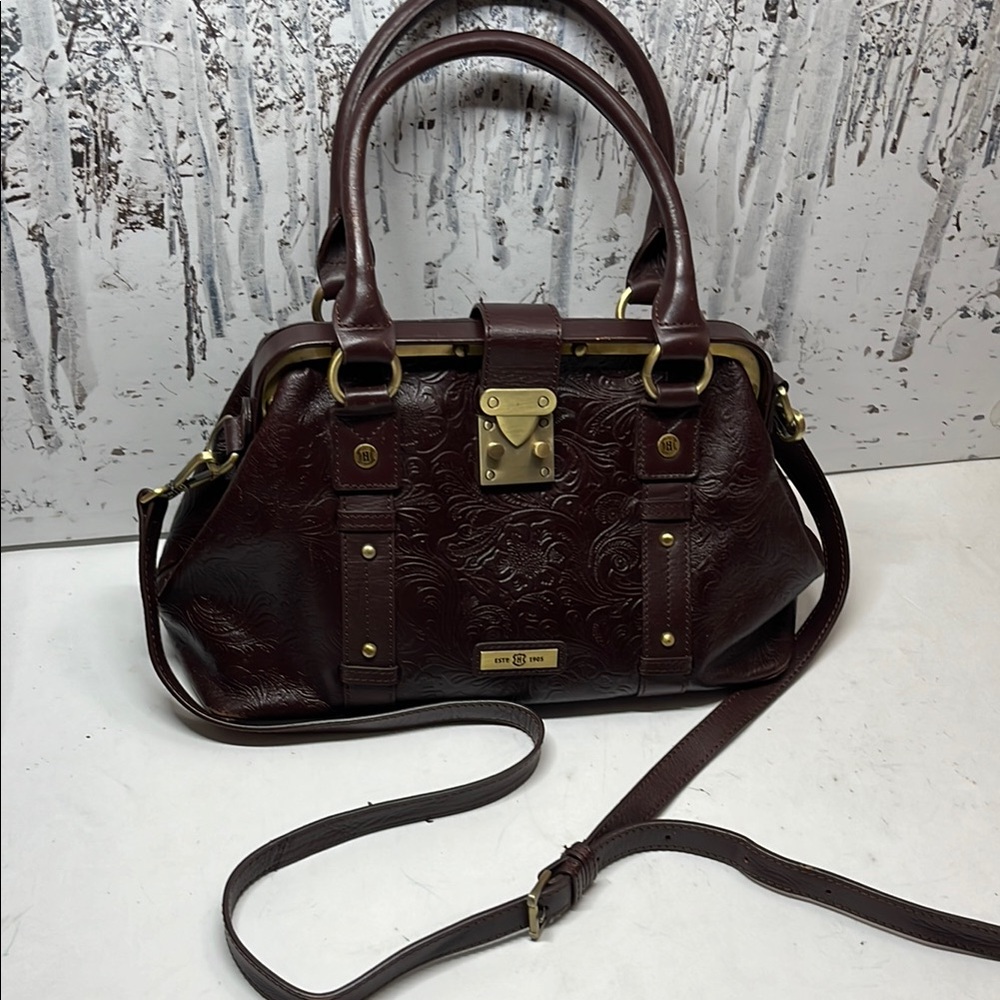 J.W. Hulme "REESE" Tooled Leather Lock Closure Handbag Brown